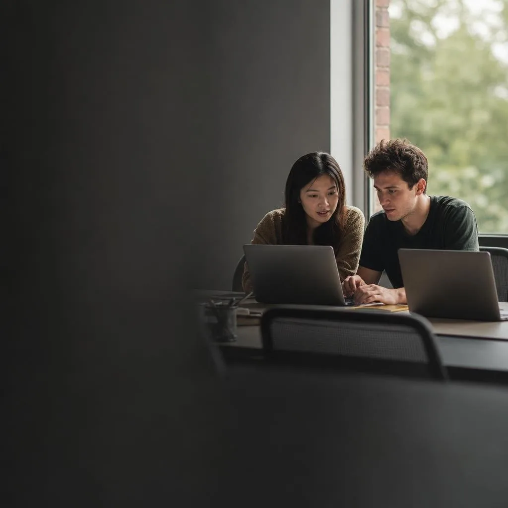 A student pair-programming at a bright bootcamp workstation